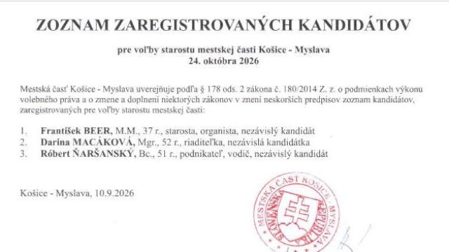 Košice-Myslava zverejnila kandidátov pre komunálne voľby 24. októbra 2026.