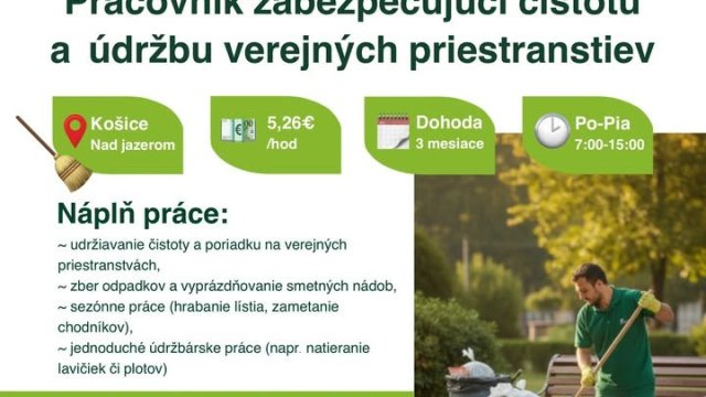 Mestská časť Košice – Nad jazerom hľadá pracovníkov na údržbu verejných priestranstiev: