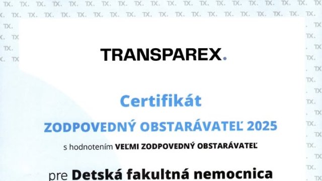 Detská fakultná nemocnica Košice získala od portálu TRANSPAREX prestížne ocenenie za zodpovedné verejné obstarávanie.