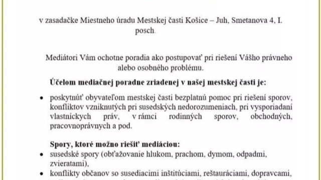 Košice-Juh v spolupráci s Mediačným centrom Košice spúšťajú bezplatnú mediačnú poradňu